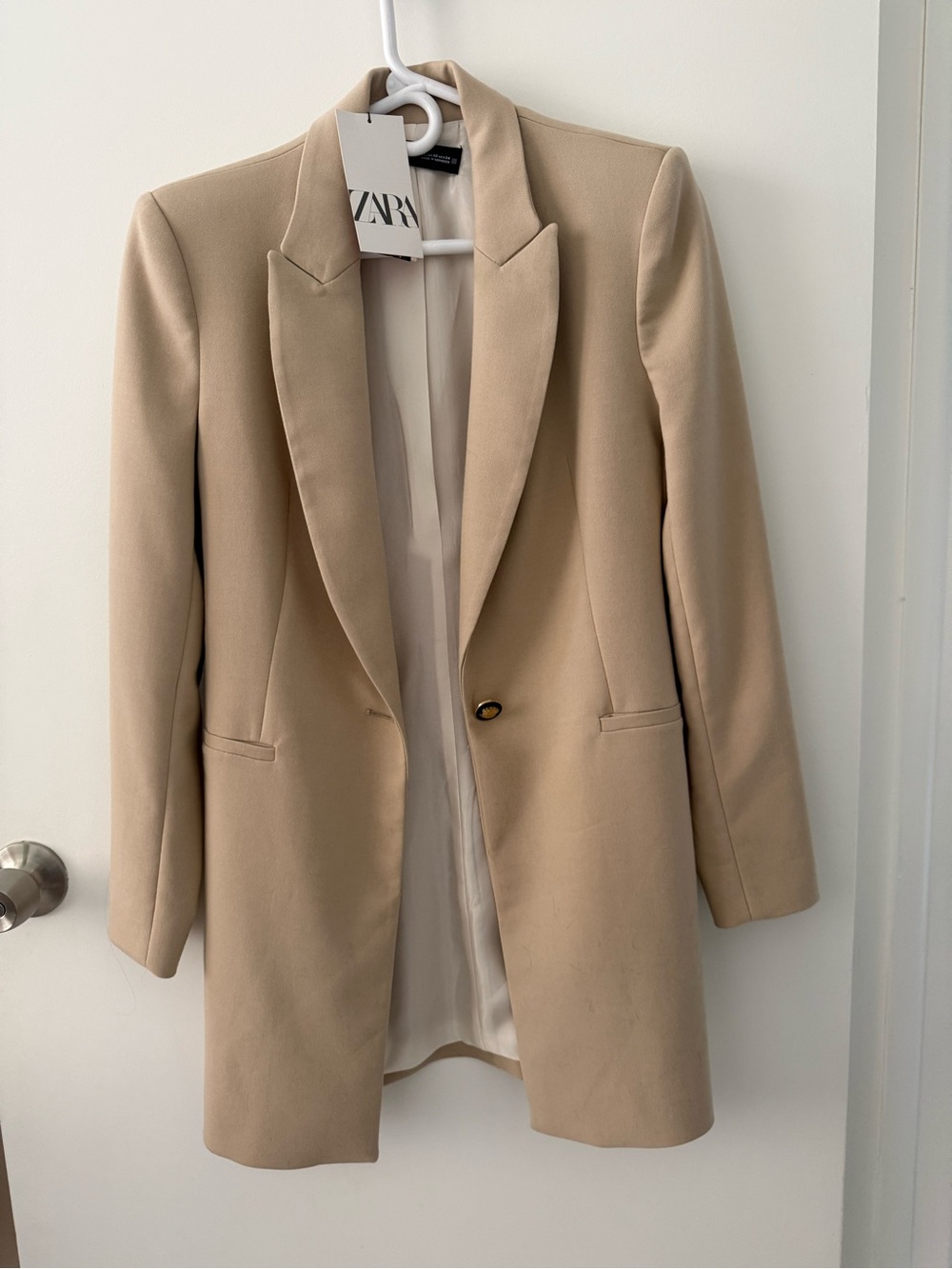 ZARA Cream Single-Button Long Blazer